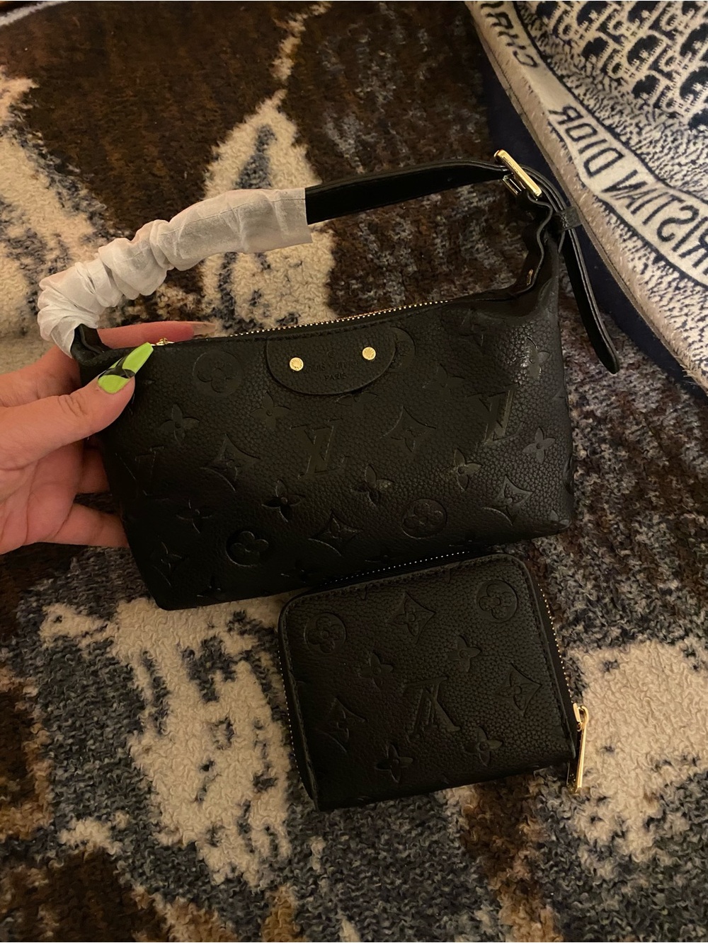 Black Embossed Monogram Leather Shoulder Bag with Zip Wallet